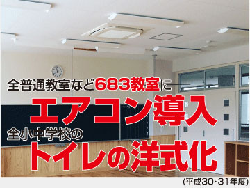 全普通教室など683教室にエアコン導入・全小中学校のトイレの洋式化