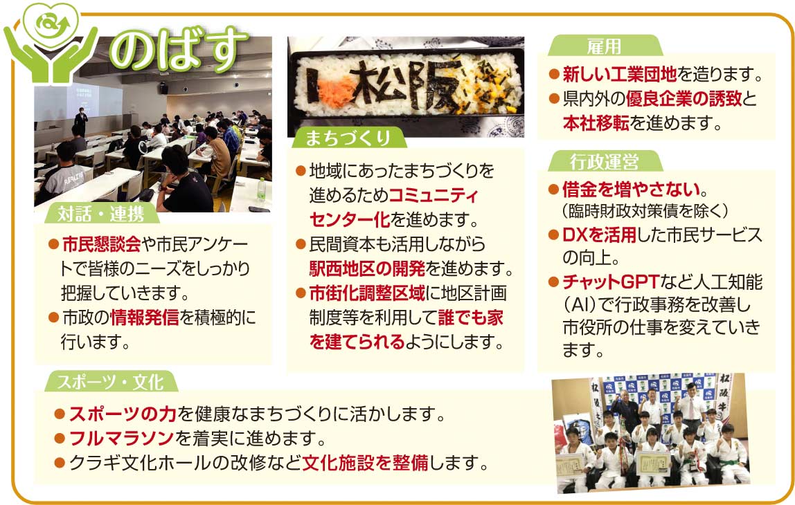 公約：対話・連携、ｽﾎﾟｰﾂ・文化、まちづくり、雇用、行政運営などでのばす改革を行います